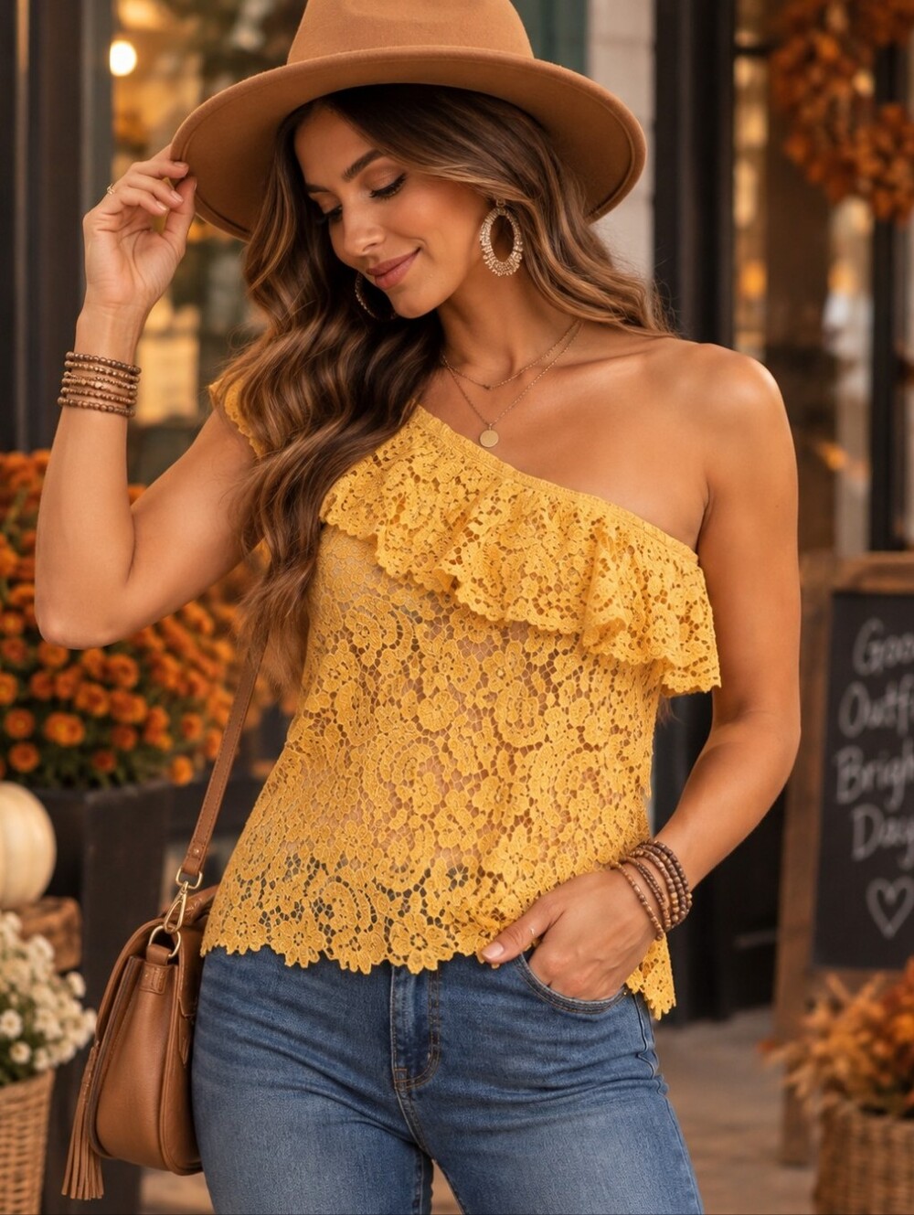 Blu Pepper One Shoulder Lace Ruffle Top Mustard Yellow Boho Size Medium